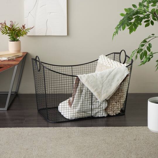 30.25" Black Metal Open Frame Wire Grid Storage Basket with Curved Sides & Ring Handles